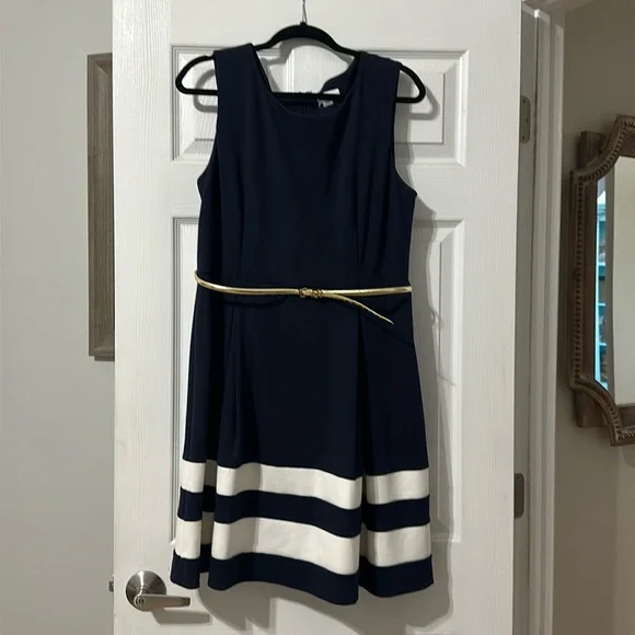 Calvin Klein Navy Dress with white stripes and gold belt - Picture 1 of 1